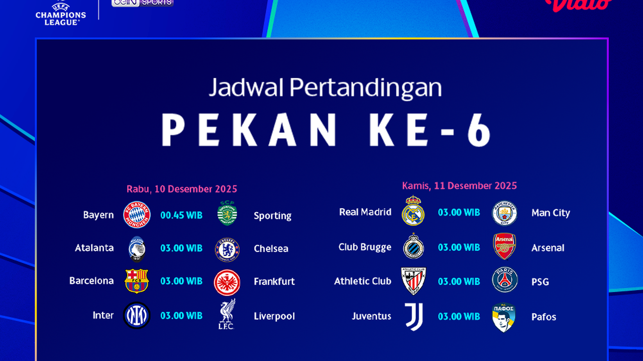 Jadwal Pertandingan Liga Champions Pekan Ke-6, Eksklusif di Vidio