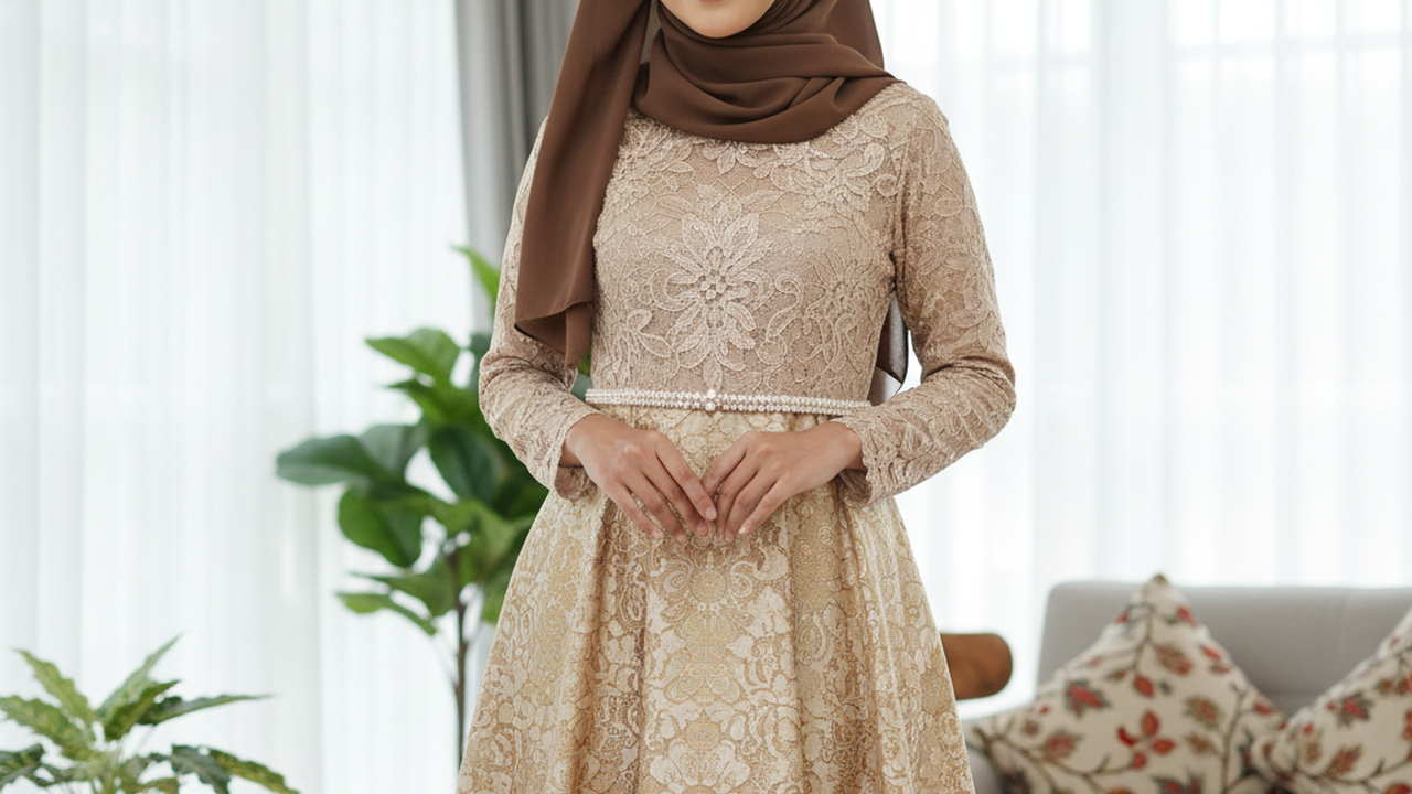 Gamis Batik Brokat Warna Champagne dengan Kerudung Cokelat