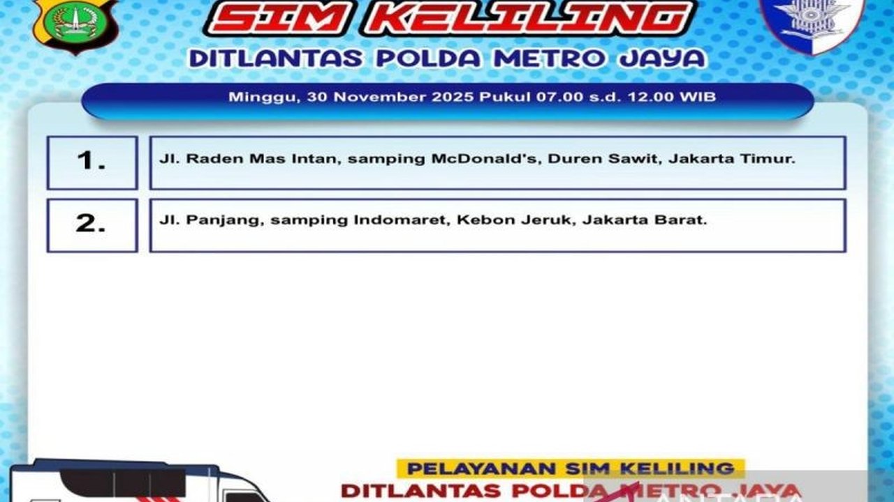 Direktorat Lalu Lintas Polda Metro Jaya menyediakan layanan SIM Keliling Jakarta di dua lokasi strategis pada hari Minggu, memudahkan perpanjangan SIM A dan C Anda.