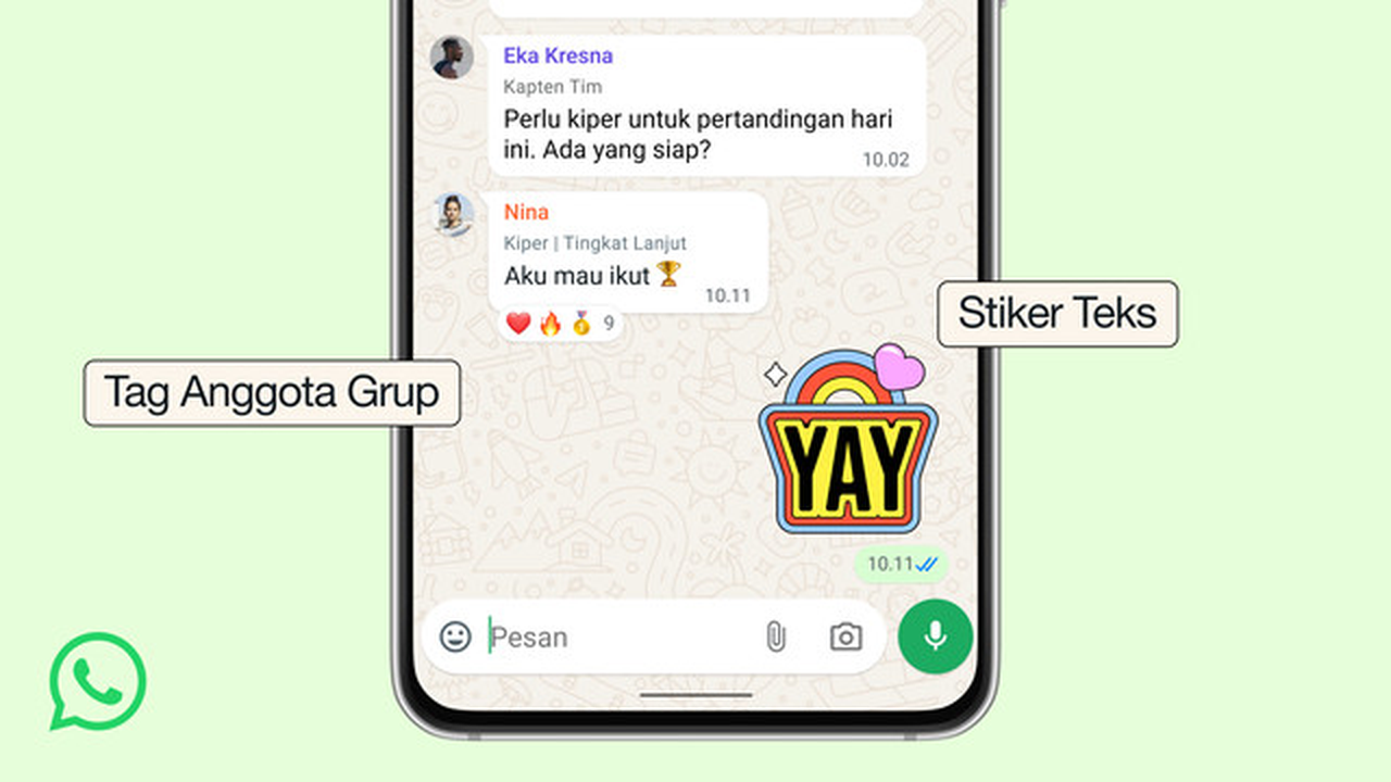 Grub WhatsApp sekarang dilengkapi dengan tag anggota, stiker teks, dan pengingat acara. (Doc. WhatsApp)