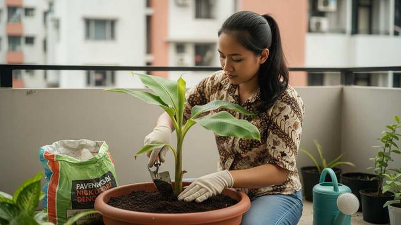 Wanita sedang menanam pisang di pot karena tidak punya lahan luas. [Foto: Gemini]