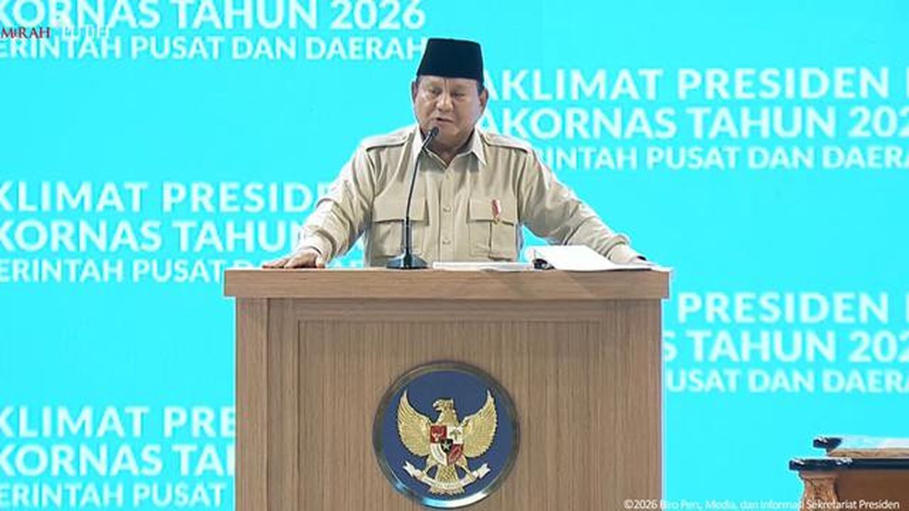 Presiden Prabowo Subianto saat memberikan arahan dalam Taklimat Rakornas Kepala Daerah 2026, Senin (2/2/2026). (Dok. Tangkapan Layar YouTube)
