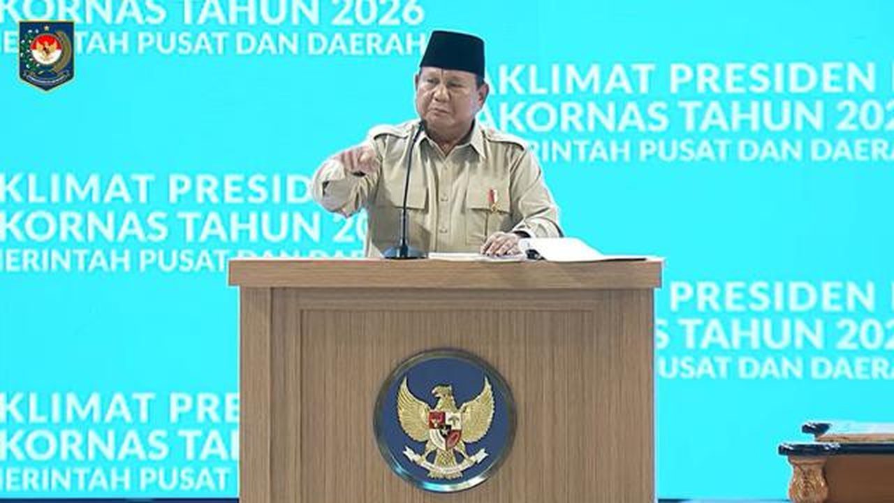 Presiden Prabowo Subianto dalam rapat koordinasi nasional (Rakornas) pemerintah pusat dan pemerintah daerah tahun 2026 di Sentul Internasional Convention Center (SICC), Bogor. (Tangkapan Laya