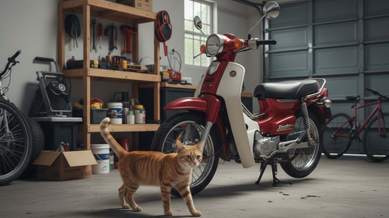 Motor dikencingi kucing (created by AI)