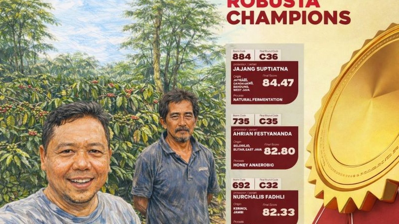 Ahrian Festyananda, seorang prosesor kopi Blitar, berhasil meraih juara kedua kategori Robusta di ajang Indonesia Green Coffee Competition 2026, membawa harum nama daerah dan bertekad meningkatkan kualitas kopi Blitar.