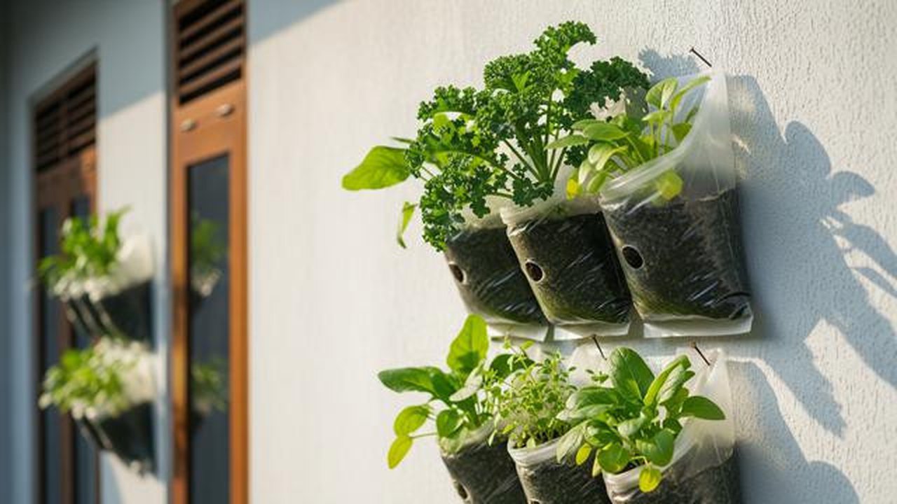 Desain Kebun Sayur Vertikal dari Kantong Kresek. (Foto: AI)