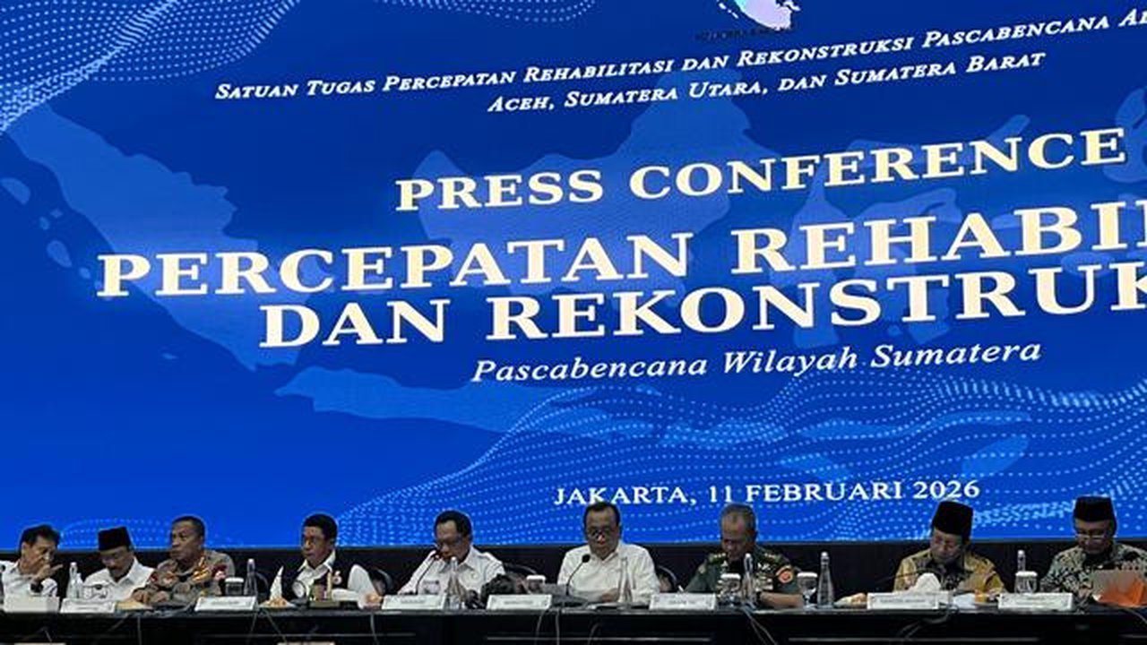 Konferensi pers Percepatan Rehabilitasi dan Rekonstruksi Pascabencana Wilayah Sumatera di Kemendagri, Rabu (11/2/2026) (Liputan6.com/Winda Nelfira)