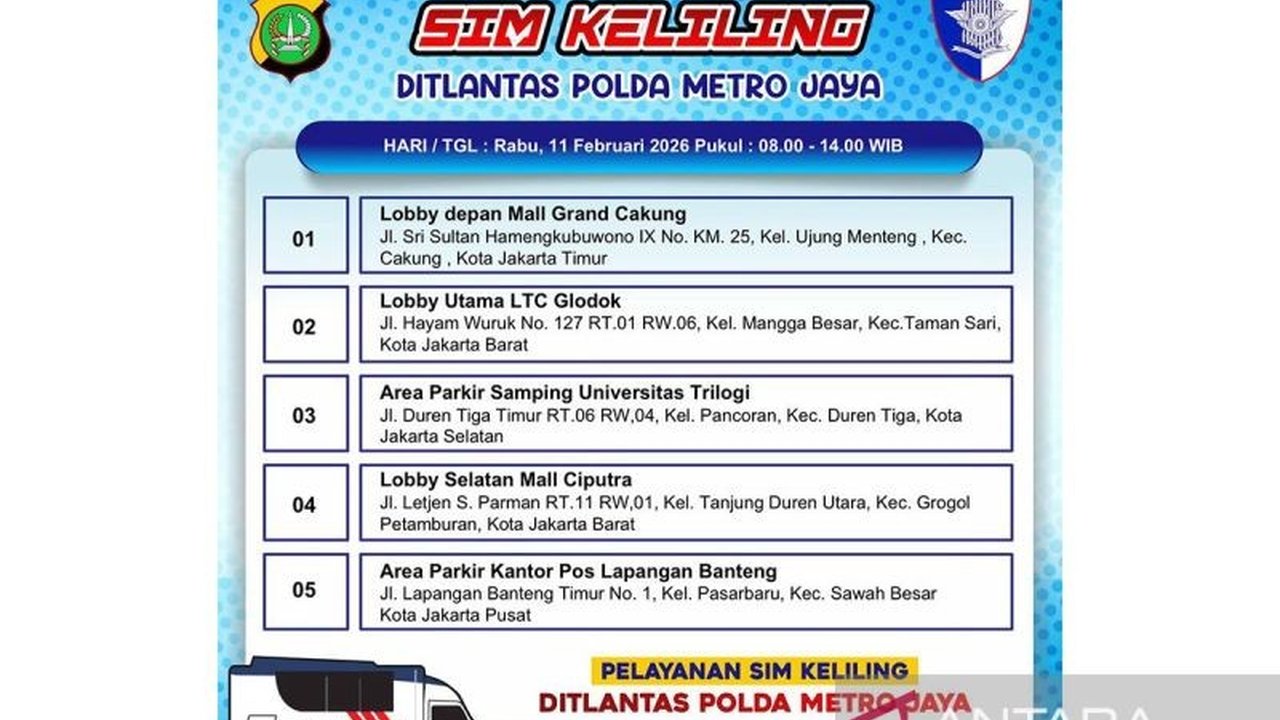 Ditlantas Polda Metro Jaya kembali menghadirkan layanan SIM Keliling Jakarta di lima titik strategis pada Jumat, 13 Februari 2026, untuk memfasilitasi perpanjangan SIM A dan C. Ketahui lokasi, jadwal, serta persyaratan lengkapnya agar tidak ketinggalan.