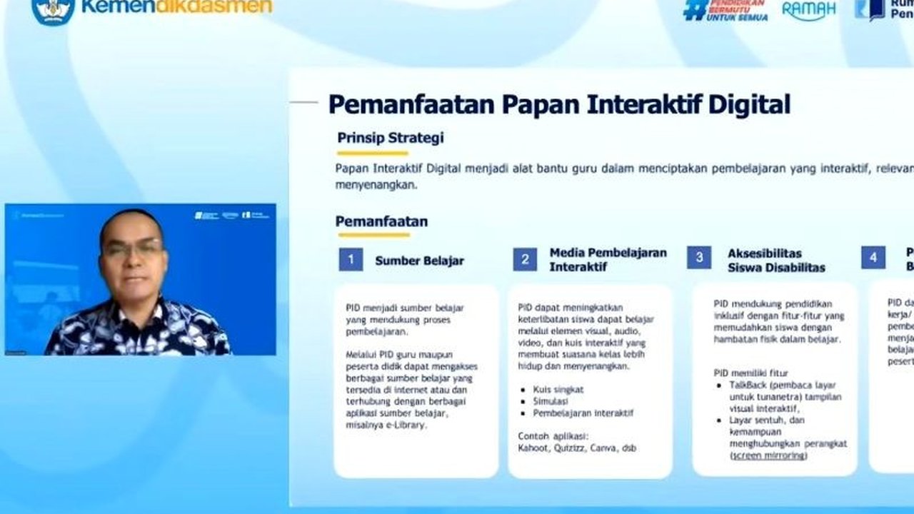 Kementerian Pendidikan Dasar dan Menengah (Kemendikdasmen) berkomitmen memperkuat kompetensi guru melalui pelatihan pemanfaatan Papan Interaktif Digital (PID) di kelas, demi wujudkan transformasi pembelajaran yang relevan dengan kebutuhan masa depan.