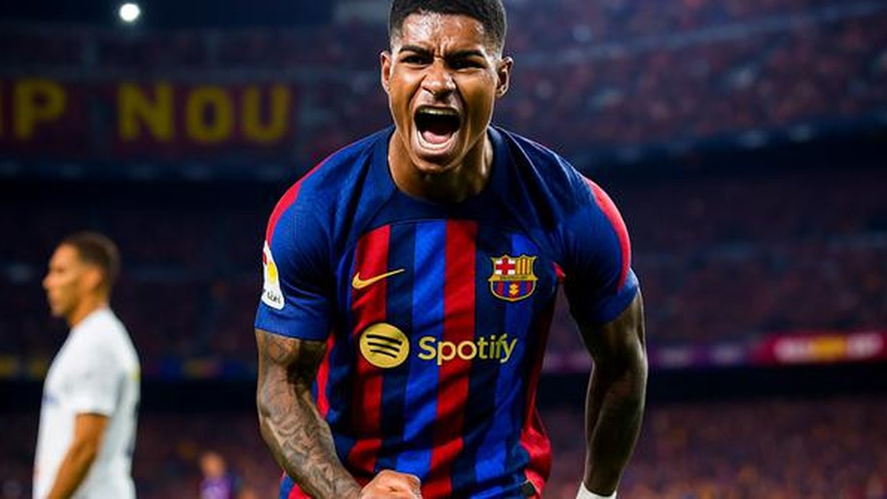 Ilustrasi Marcus Rashford dengan jersey Barcelona. (AP Photo/Dave Thompson/Generate AI)