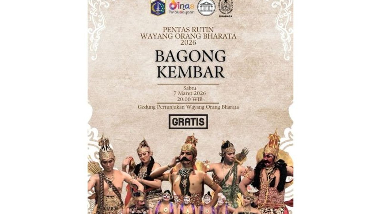 Pemerintah Provinsi DKI Jakarta kembali menyelenggarakan pentas Wayang Orang Bharata gratis akhir pekan ini, menampilkan lakon 'Bagong Kembar' yang penuh intrik dan perebutan cinta.