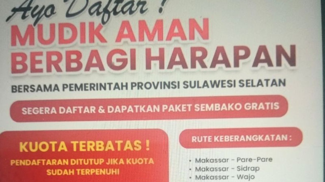 Pemerintah Provinsi Sulawesi Selatan kembali menggelar program Mudik Gratis 'Mudik Aman Berbagi Harapan' untuk Idul Fitri 1447 H. Jangan lewatkan kesempatan pulang kampung aman dan nyaman, daftar sekarang!