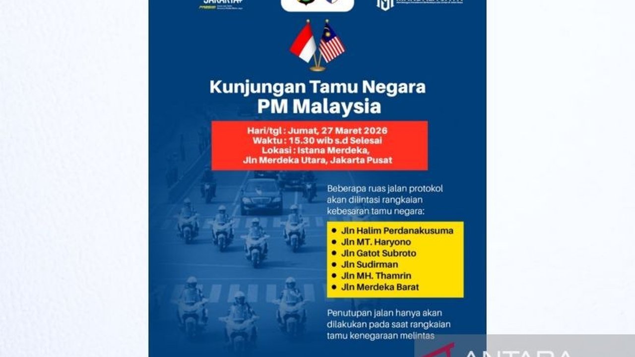 Polda Metro Jaya menerapkan rekayasa lalu lintas sementara di beberapa jalan protokol Jakarta pada Jumat, 27 Maret 2026, terkait kunjungan Perdana Menteri Malaysia Anwar Ibrahim ke Indonesia untuk membahas isu geopolitik.