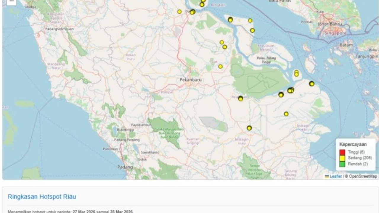 BMKG Stasiun Pekanbaru mengumumkan deteksi 213 titik panas Riau per Sabtu pagi, dengan konsentrasi tertinggi di Bengkalis dan Pelalawan, memicu kekhawatiran kabut asap dan upaya pemadaman Karhutla.