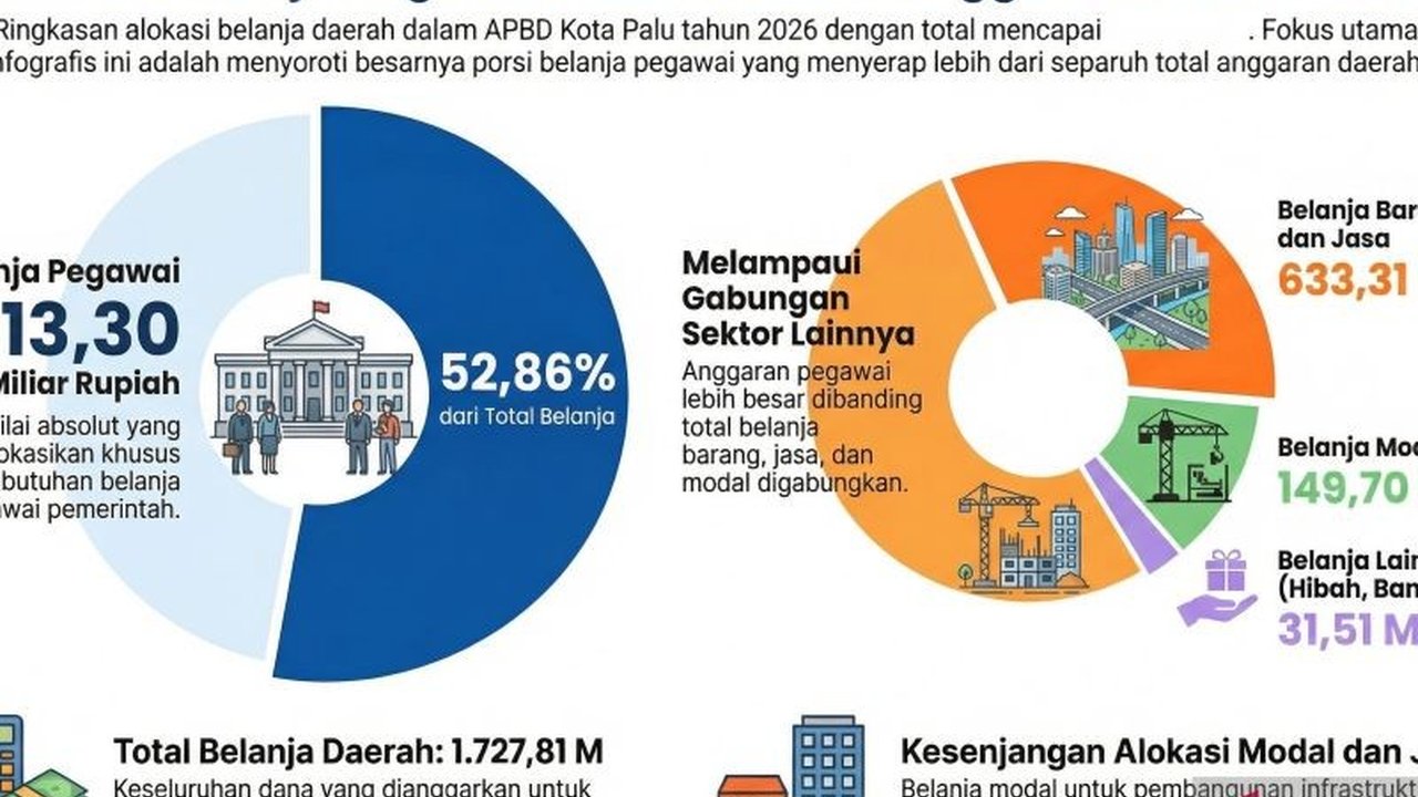 Belanja pegawai Pemerintah Kota Palu pada Anggaran Pendapatan dan Belanja Daerah (APBD) 2026 mencapai 52,86 persen, jauh melampaui batas maksimal 30 persen yang diatur dalam Undang-Undang Hubungan Keuangan antara Pemerintah Pusat dan Pemerintahan Daerah (