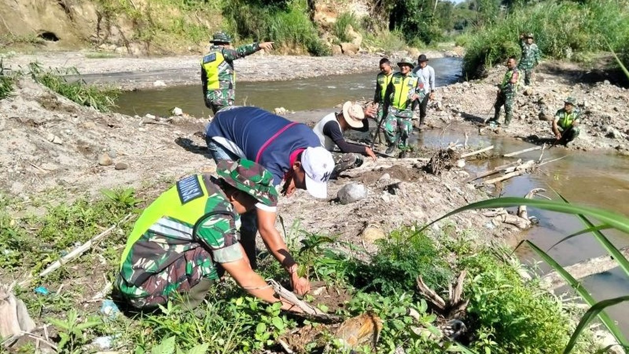 Prajurit TNI Koramil 02/WPS melakukan aksi penghijauan di bantaran sungai Redelong, Bener Meriah, untuk mencegah bencana longsor. Upaya TNI Hijaukan Bener Meriah ini demi keberlanjutan lingkungan dan mitigasi risiko bencana.