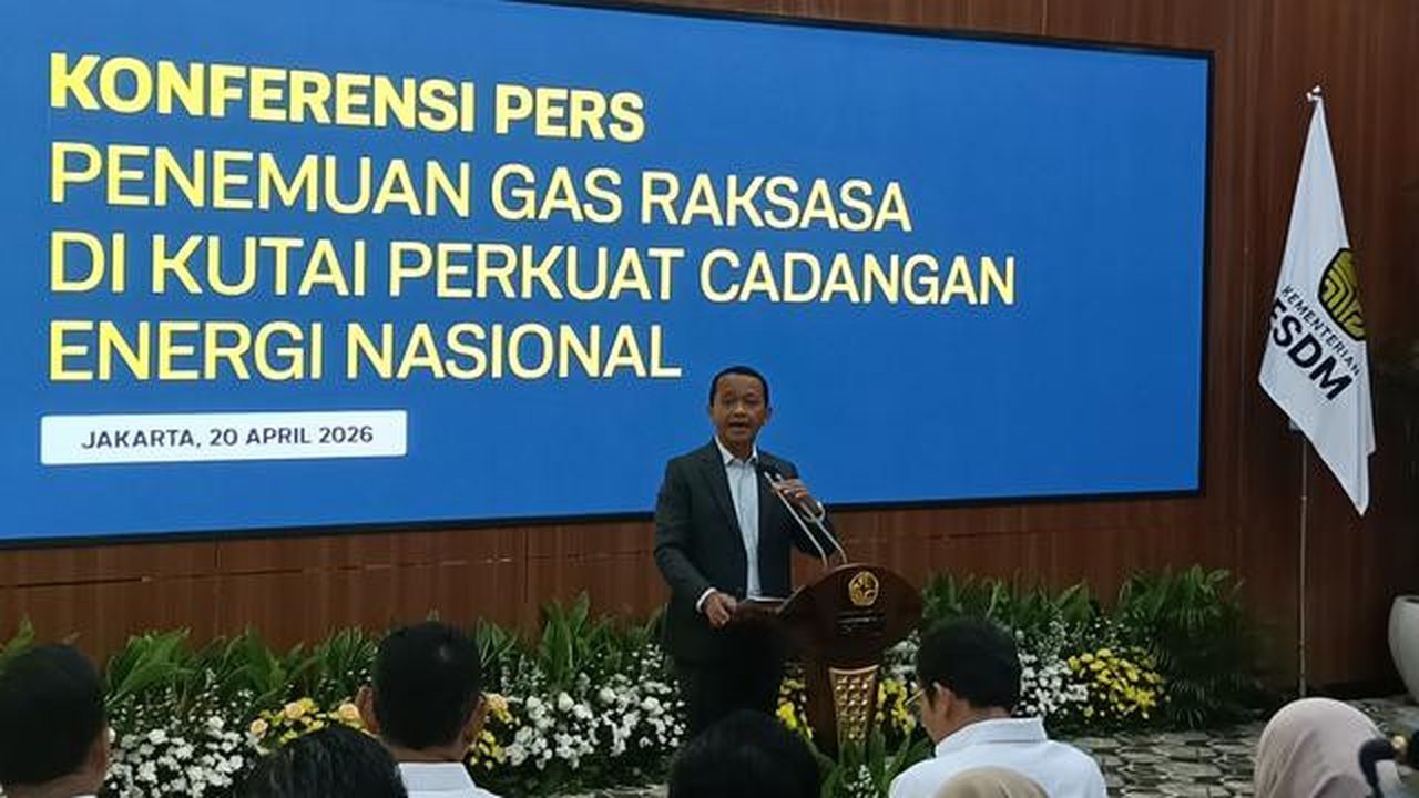 Menteri Energi dan Sumber Daya Mineral (ESDM) Bahlil Lahadalia dalam konferensi pers Temukan Potensi Gas Raksasa di Kantor Kementerian ESDM, Jakarta, Senin (20/4/2026). ( Liputan6.com/Maul)