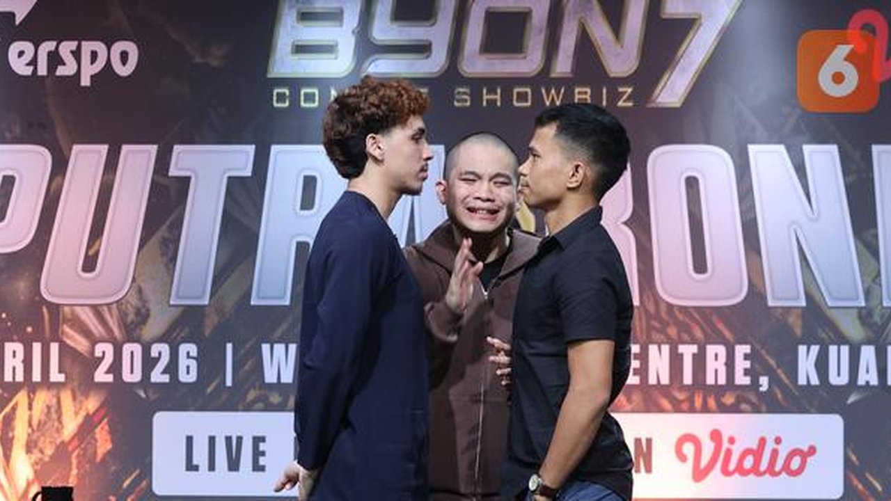 Presiden Byon, Yoshua Marcellos Muliardo bersama petarung Putra Abdullah dan Ronal Siahaan saat Face off sekaligus jumpa pers Byon Combat Showbiz Vol.7 di SCTV Tower, Jakarta, Kamis (12/3/202
