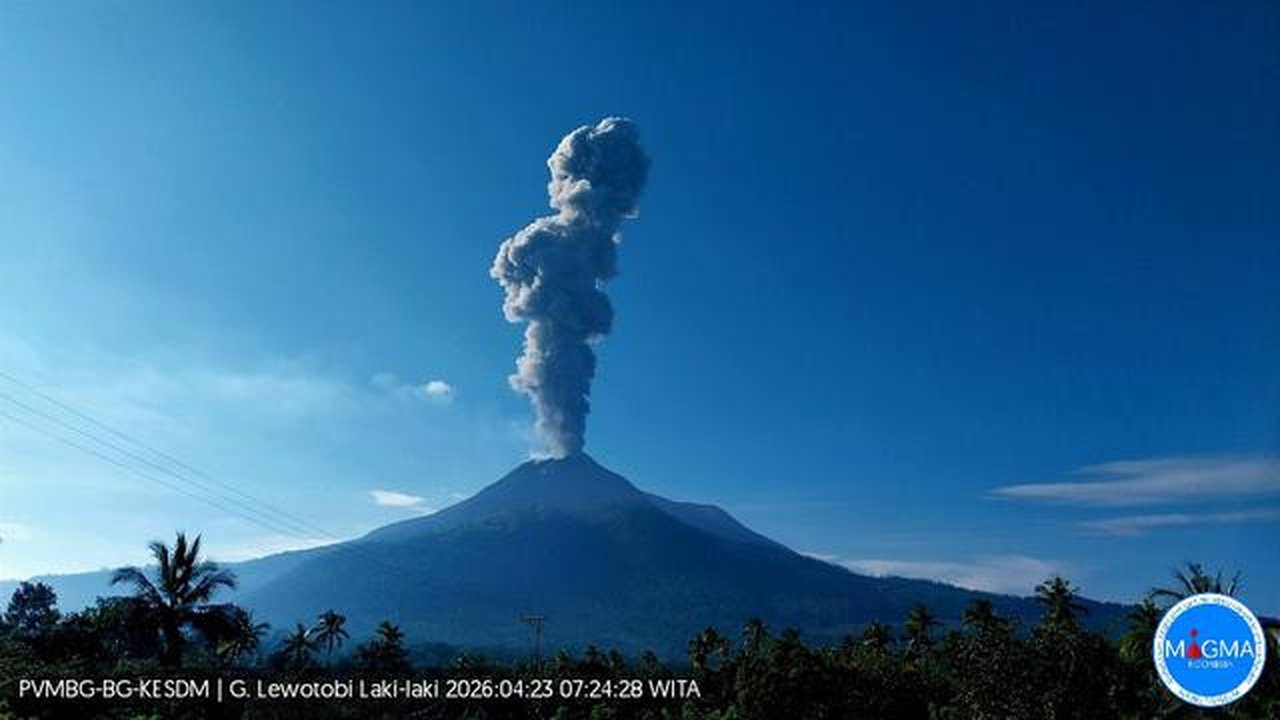 Gunung Lewotobi Laki-Laki di Flores Timur, NTT, kembali erupsi pada Kamis pagi (23/4/2026), pukul 07.21 Wita. (Liputan6.com/ Dok PVMBG)