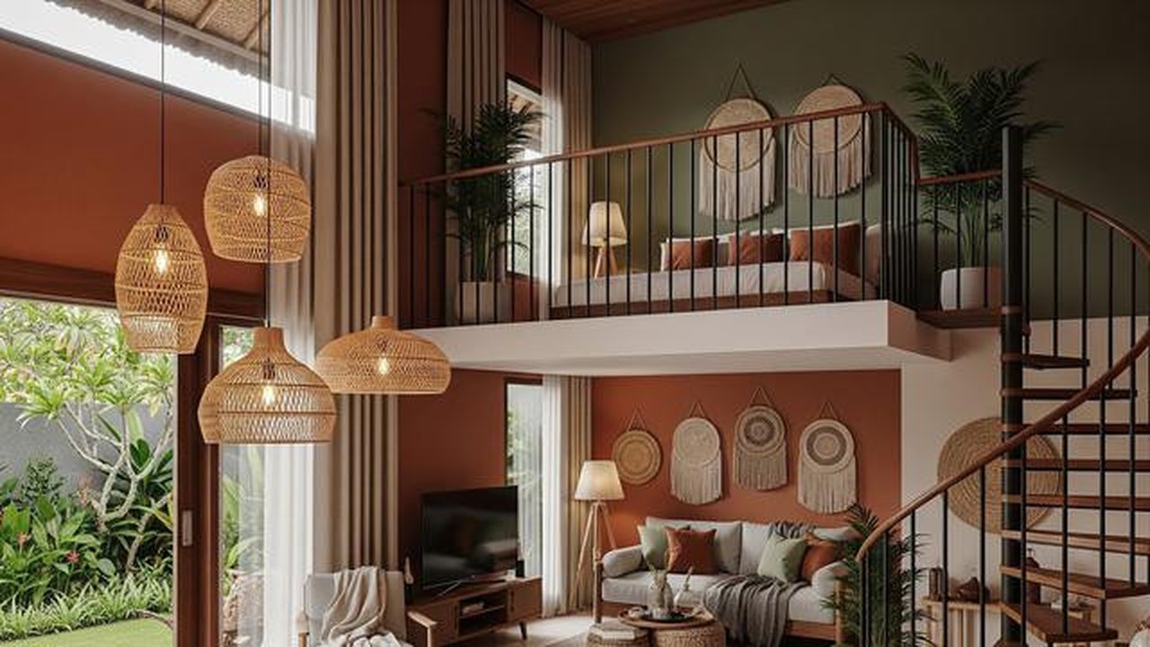 Mezzanine Tamu dengan Nuansa Earthy Tone/Desain Rumah Mungil ala Villa dengan Mezzanine (Sumber: gemini.com)