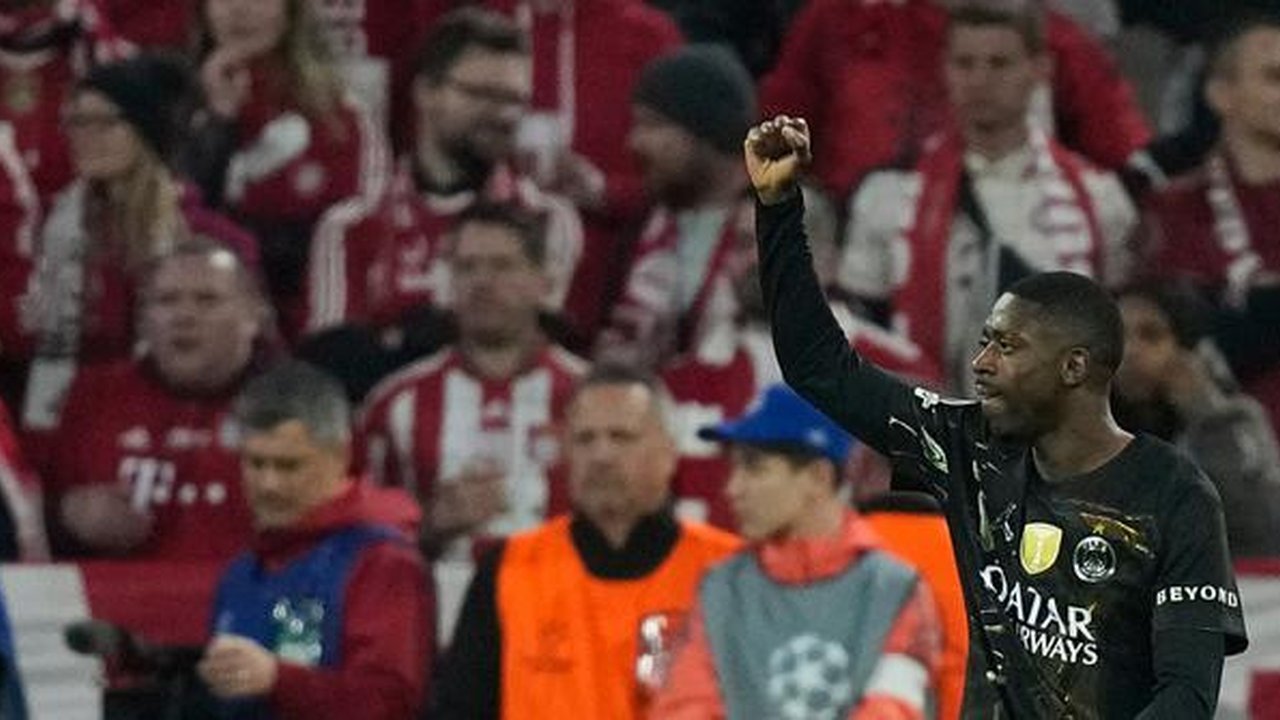 Selebrasi Ousmane Dembele usai menjebol gawang Bayern Munchen, Kamis (7/5/2026) (AP Photo/Matthias Schrader)