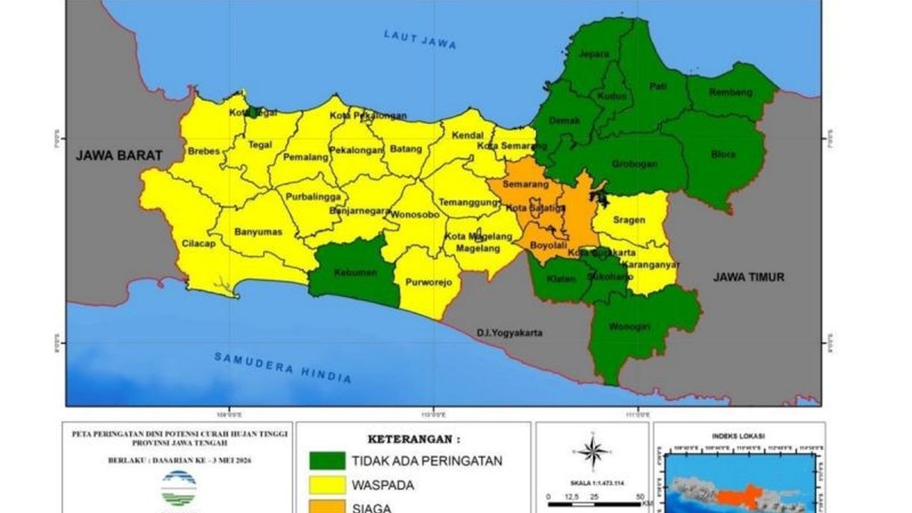 Badan Meteorologi Klimatologi dan Geofisika (BMKG) memprakirakan potensi hujan sedang hingga lebat di sejumlah wilayah Jateng Selatan masih akan terjadi hingga akhir Mei 2026, meskipun beberapa daerah mulai memasuki musim kemarau.