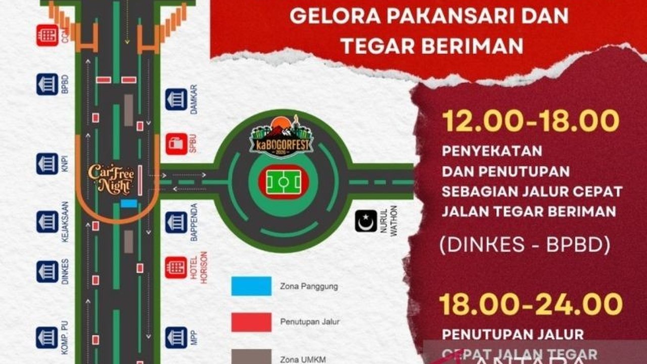 Pemerintah Kabupaten Bogor menggelar Car Free Night Tegar Beriman Istimewa di Cibinong dalam rangka Hari Jadi Bogor (HJB) ke-544, bertujuan memajukan UMKM dan seni budaya lokal.