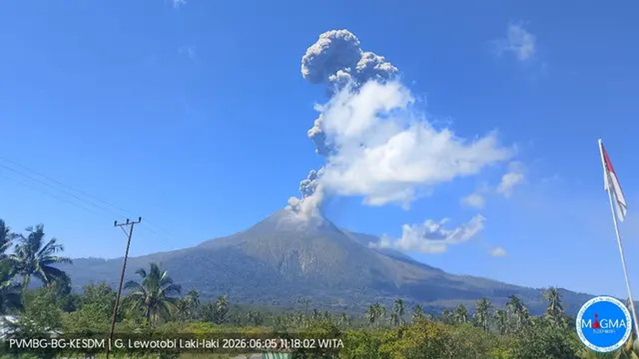 Gunung Lewotobi Laki-Laki kembakli erupsi pada Jumat siang (5/6/2026), sekitar pukul 11.15 WIT. (Liputan6.com/ Dok PVMBG)