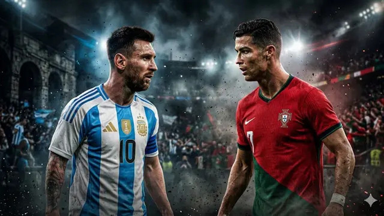 Lionel Messi, Cristiano Ronaldo, Timnas Argentina dan Timnas Portugal. (Foto by Gemini AI)