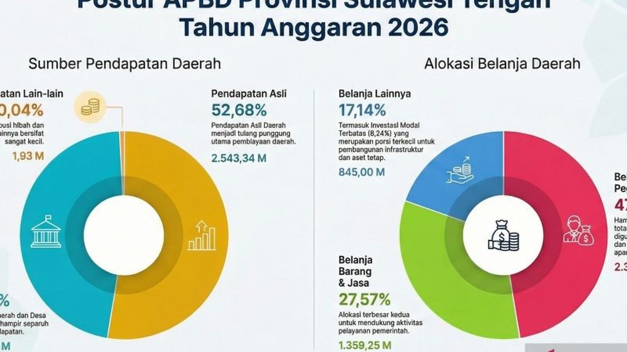 Anggaran Pendapatan dan Belanja Daerah (APBD) Pemprov Sulteng 2026 mengalokasikan Rp2,3 triliun untuk belanja pegawai, mencapai 47,05% dari total belanja daerah. Simak rinciannya dan perbandingannya dengan aturan yang berlaku.