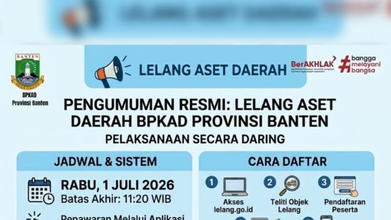 Pemerintah Provinsi Banten melalui BPKAD akan melaksanakan Lelang Aset Pemprov Banten secara daring, bertujuan mengoptimalkan pengelolaan Barang Milik Daerah secara efektif dan transparan, sekaligus mendukung tata kelola yang akuntabel.