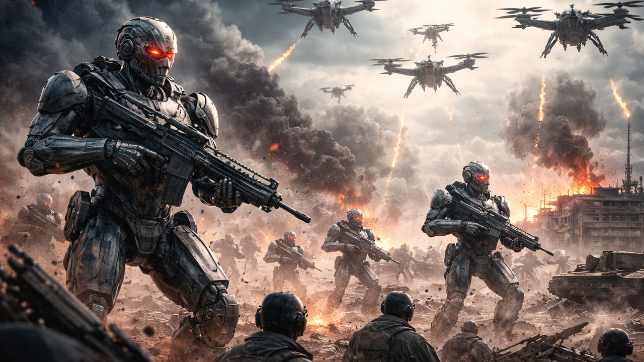 ilustrasi robot militer dan drone tempur