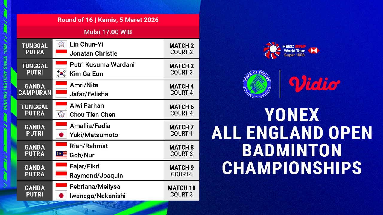 Live Streaming All England Open 2026 Round of 16: 5 Maret 2026, Eksklusif di Vidio