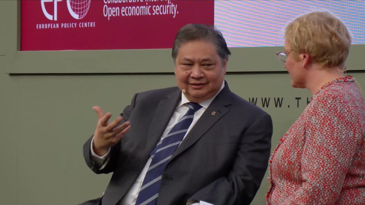 Menteri Koordinator Bidang Perekonomian Airlangga Hartarto dalam acara Brussels Economc Security Forum (BESF), di Brussel, Belgia.