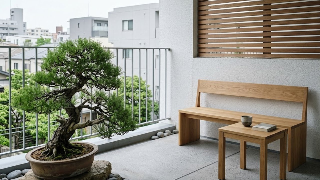 Minim Furnitur, Maksimal Fungsi/ Konsep Teras Minimalis Modern dengan Bonsai Pohon Besar sebagai Ikon Utama (Sumber: gemini.com)