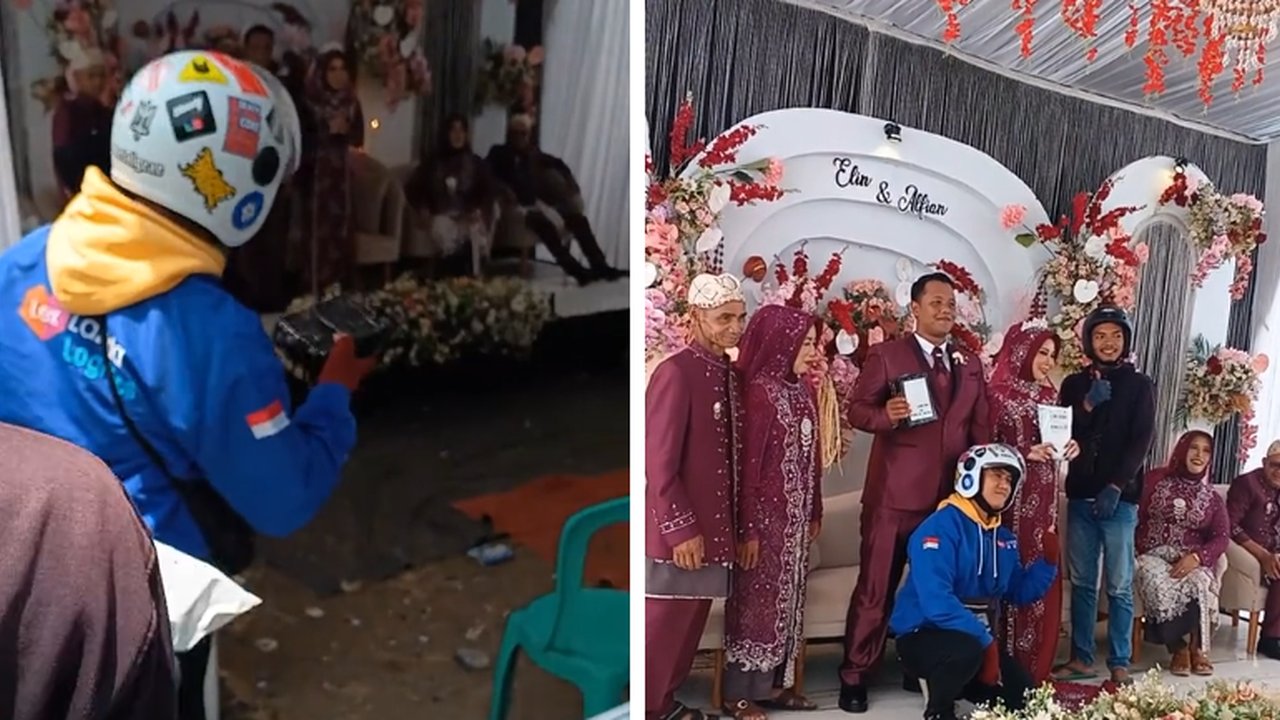 Diajak ke Panggung dan Foto Bersama, Momen Dua Kurir Antarkan Paket untuk Kedua Mempelai di Hari Pernikahan Ini Curi Perhatian