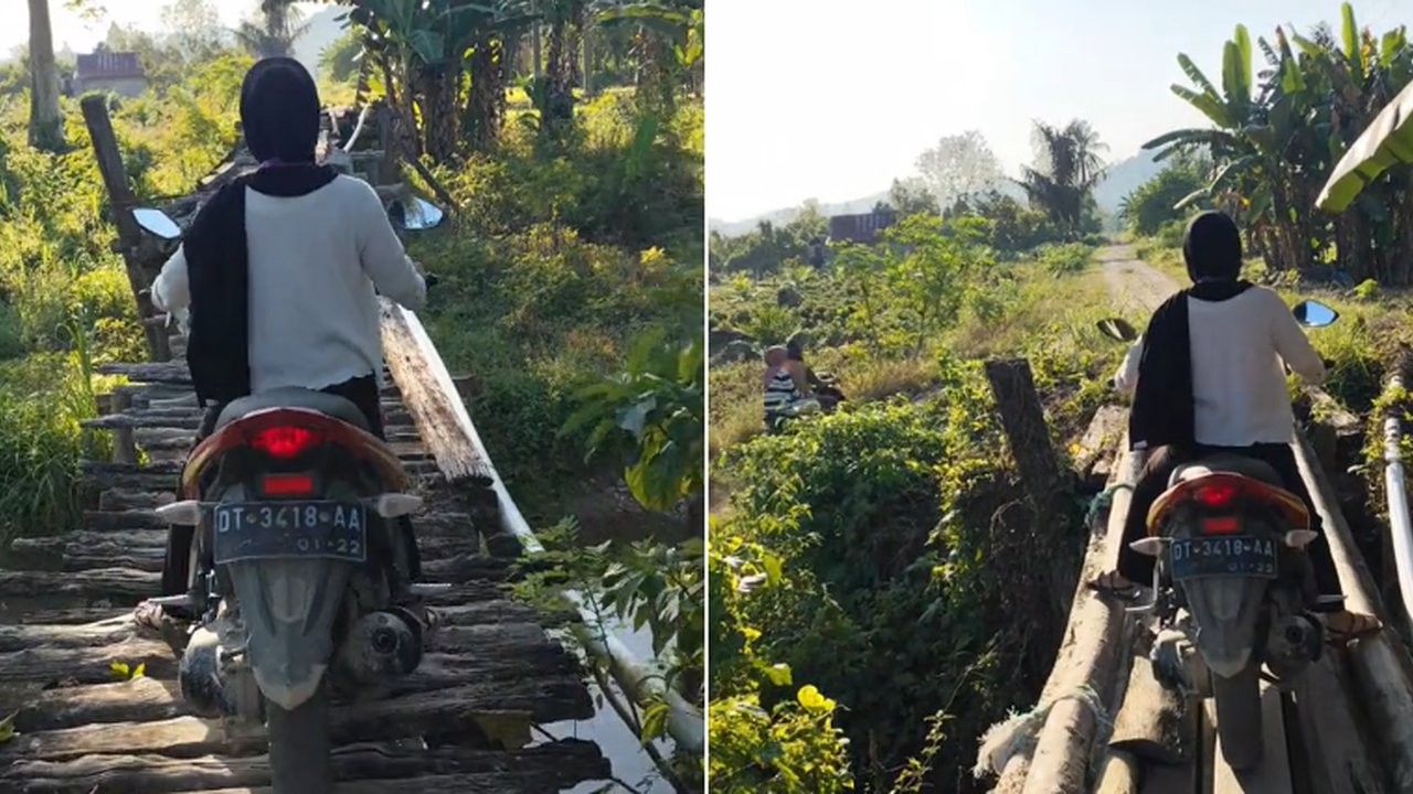 Ekstrim Parah, Aksi Pemotor Wanita Lewati Jembatan Kayu Ini Bikin Ngeri Warganet