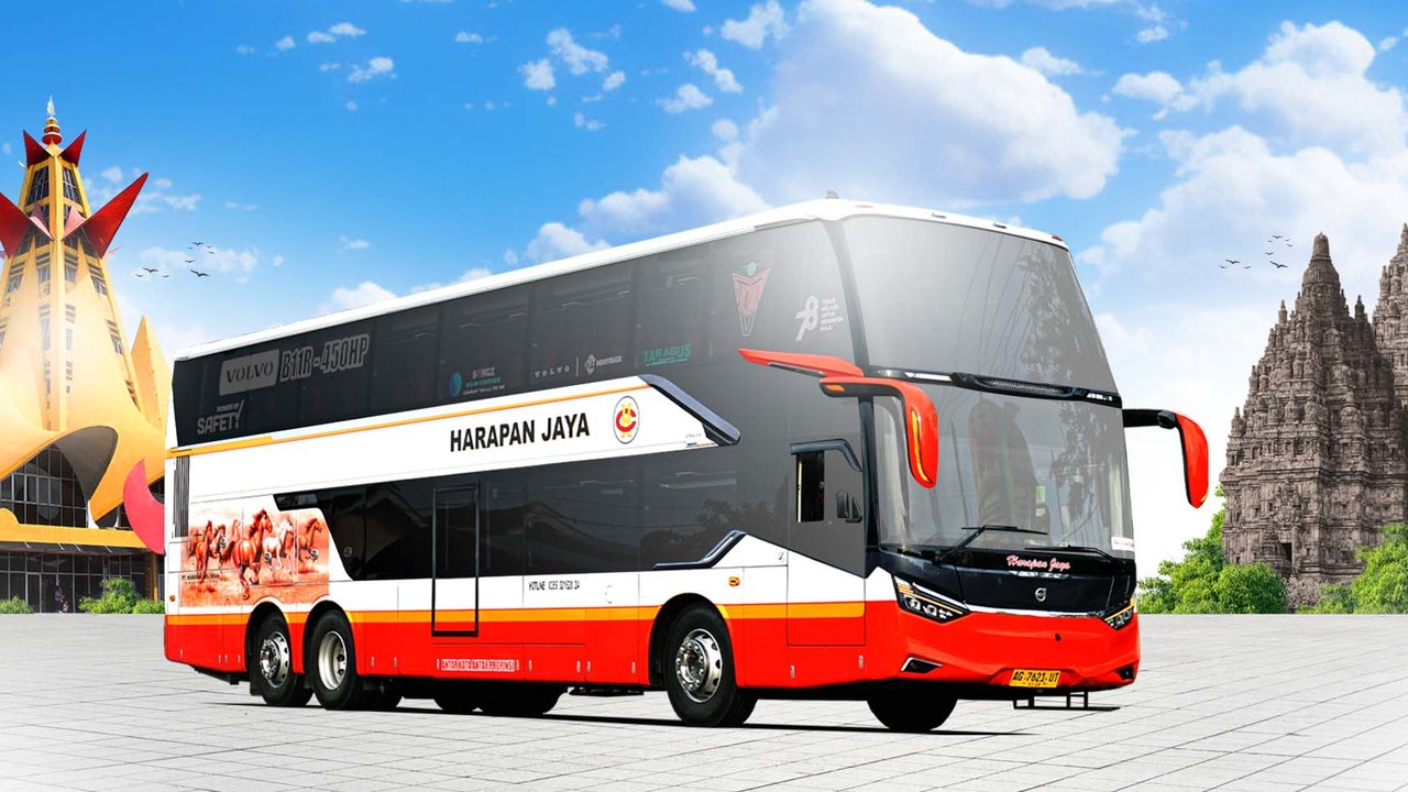 Bus double decker terbaru dari PO Harapan Jaya hadir dengan bodi Adiputro dan sasis Scania, menawarkan kenyamanan kelas atas (Foto: PO Harapan Jaya).