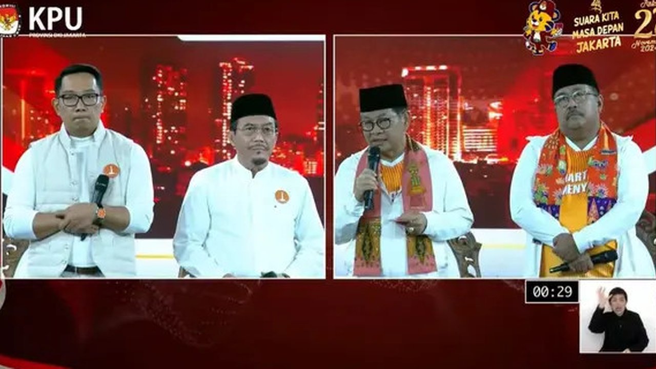 Pasangan Calon Pemilihan Kepala Daerah Jakarta atau Paslon Pilkada Jakarta 2024 nomor urut 1 Ridwan Kamil-Suswono dan nomor urut 3 Pramono Anung-Rano Karno dalam debat perdana Pilkada Jaka