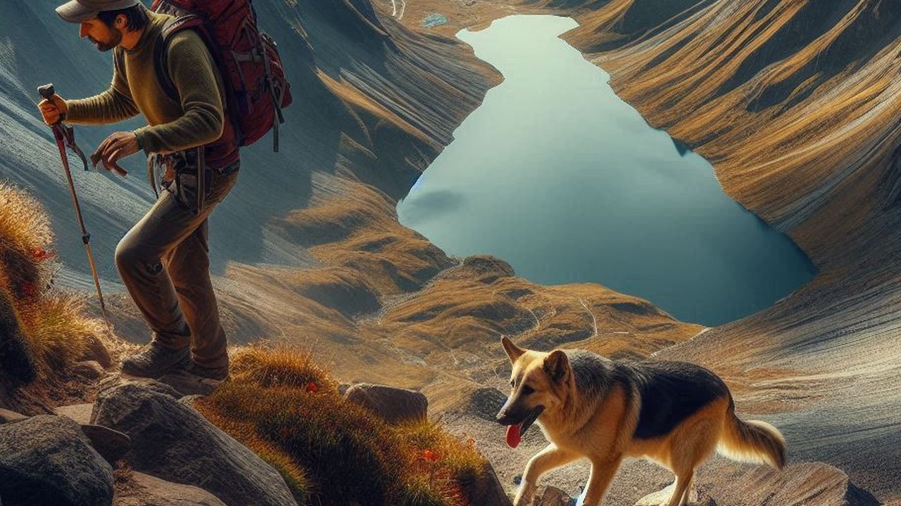 ilustrasi mendaki gunung ditemani anjing