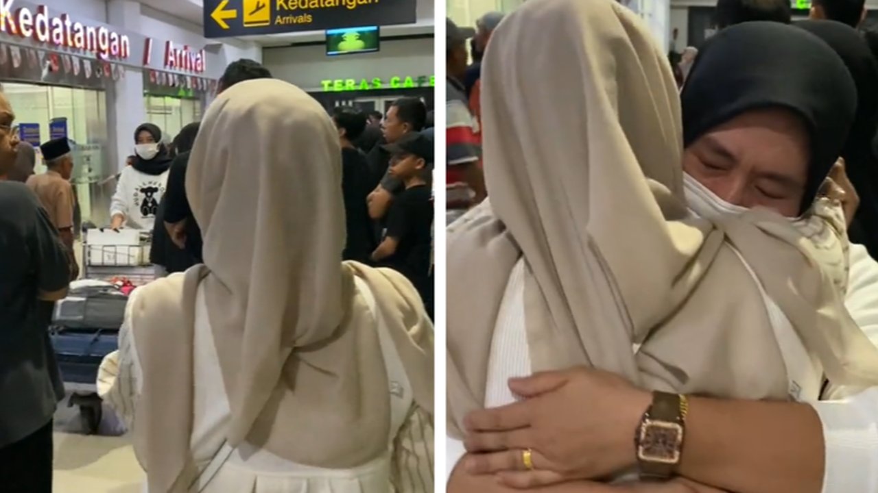 Peluk Erat Bak Lepas Kerinduan, Momen Wanita Sambut Ibunda yang Datang Dari Luar Negeri Ini Bikin Haru