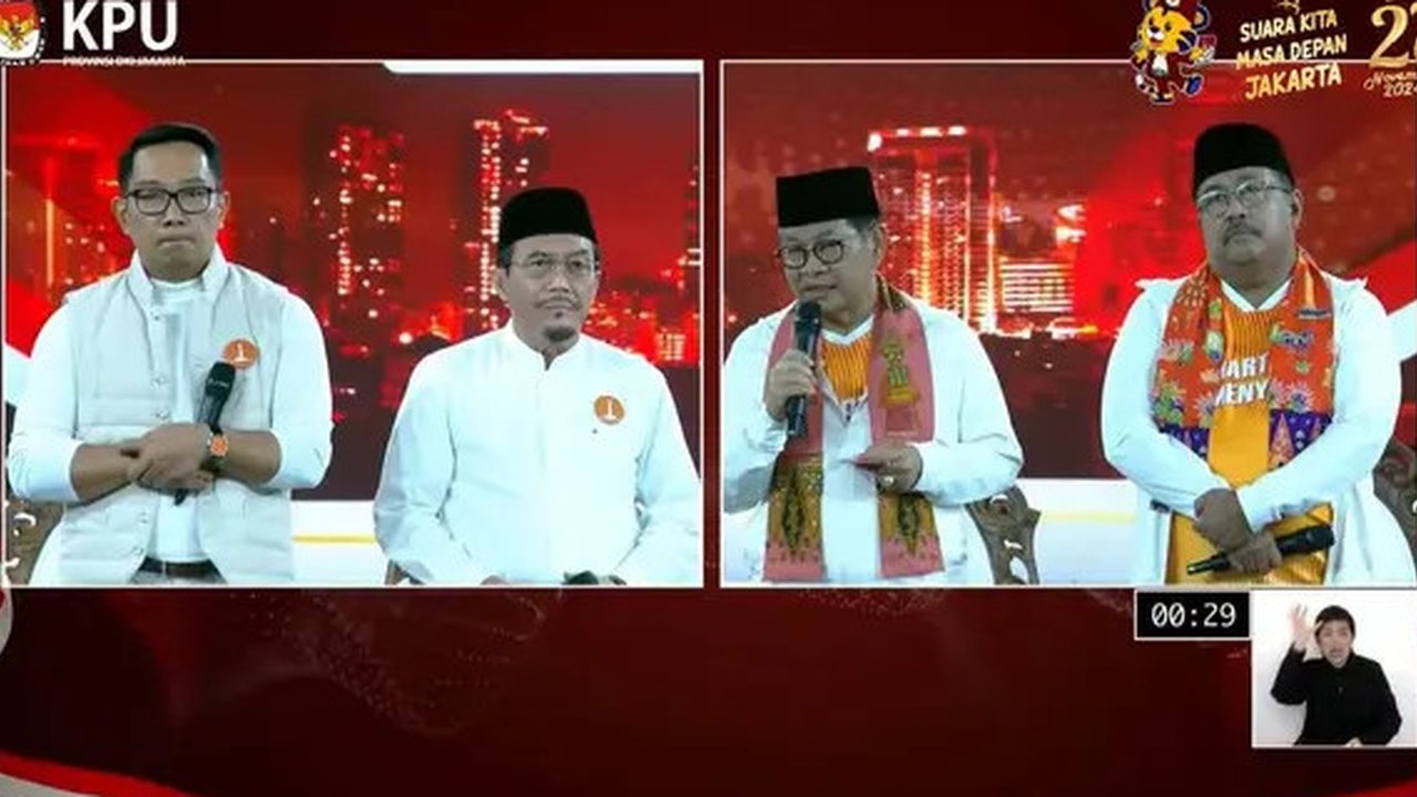 Pasangan Calon Pemilihan Kepala Daerah Jakarta atau Paslon Pilkada Jakarta 2024 nomor urut 1 Ridwan Kamil-Suswono dan nomor urut 3 Pramono Anung-Rano Karno dalam debat perdana Pilkada Jaka