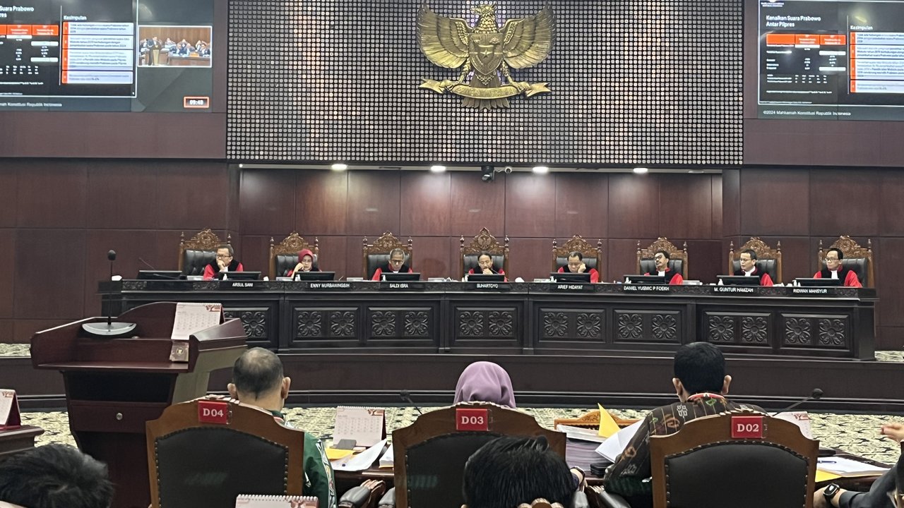 Sidang PHPU di Gedung Mahkamah Konstitusi (MK), Jakarta Pusat, Senin (1/4/2024). (Liputan6.com/ Winda Nelfira)