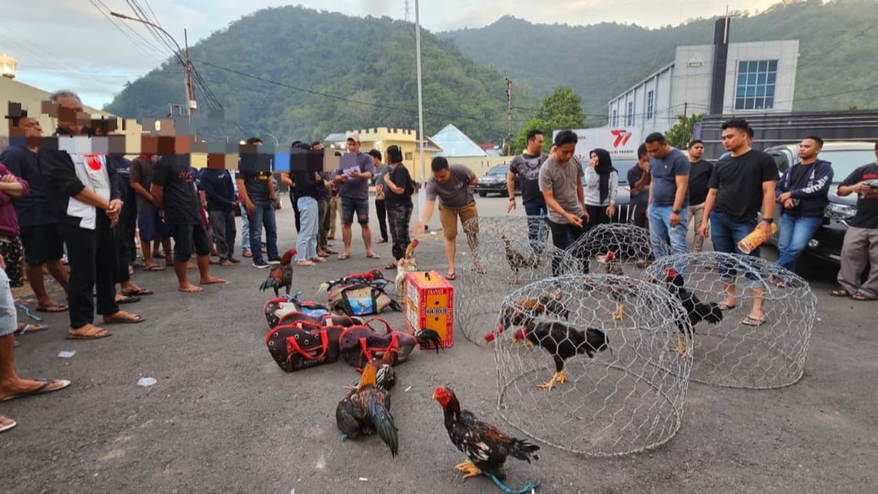 Penampakan puluhan tersangka judi online dan judi sabung ayam Bekasi. (Dok. Istimewa)