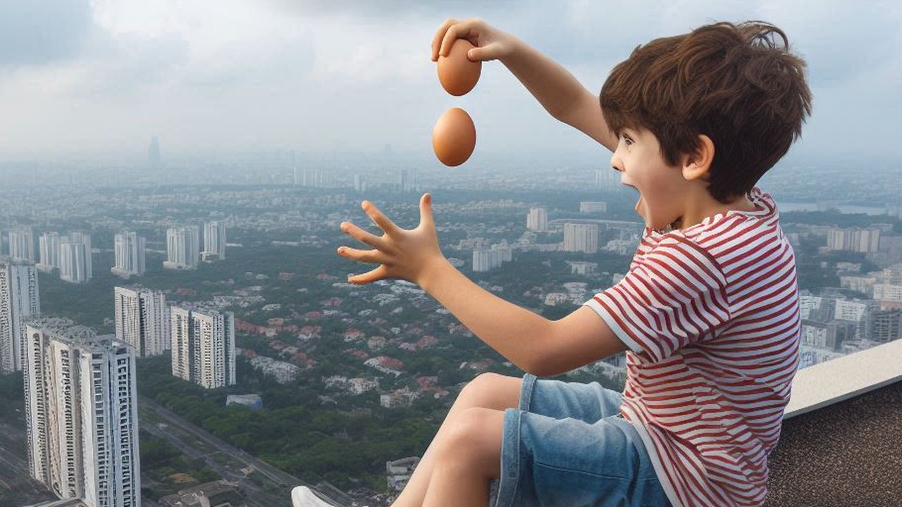 ilustrasi bocah jatuhkan telur dari atas gedung