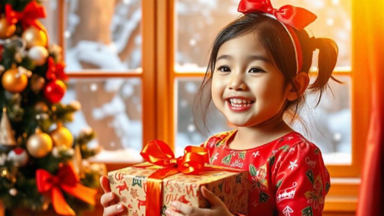 Ilustrasi anak kecil dengan baju baru di perayaan natal dan tahun baru