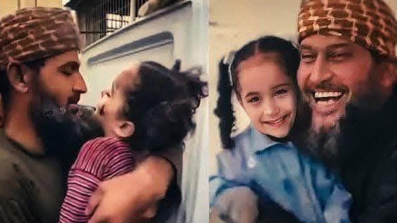 Khaled Nabhan memeluk mayat Reem (3) cucu perempuannya (kiri). Khaled Nabhan dan Reem saat masih hidup (kanan).