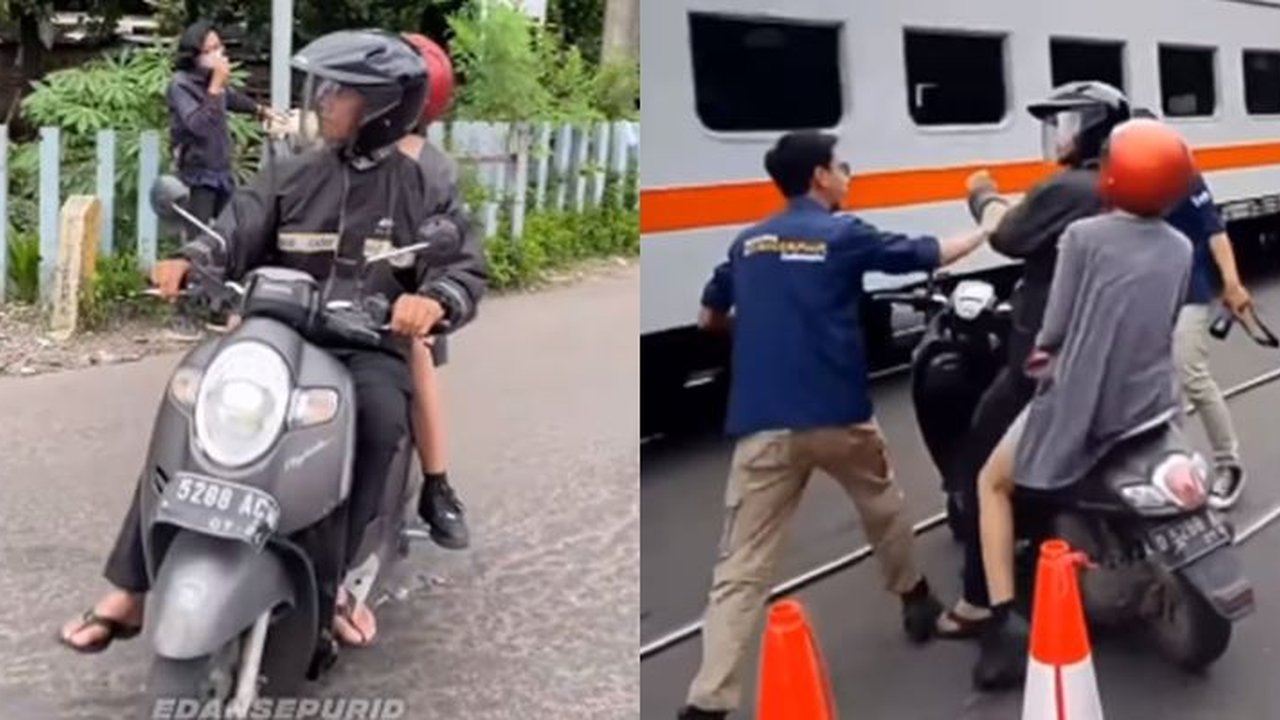 Pemotor Nekat Mau Terobos Perlintasan Padahal Kereta Sudah di Depan Mata