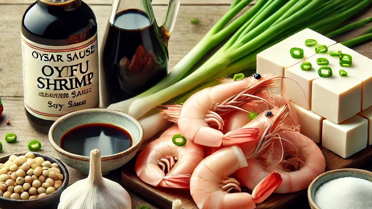 illustrasi bahan-bahan udang saus tiram copyright/ai generated