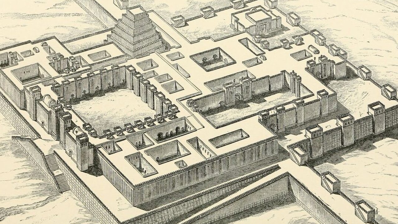 Rekonstruksi Istana atau Vila Sargon di Khosrabad, Irak.